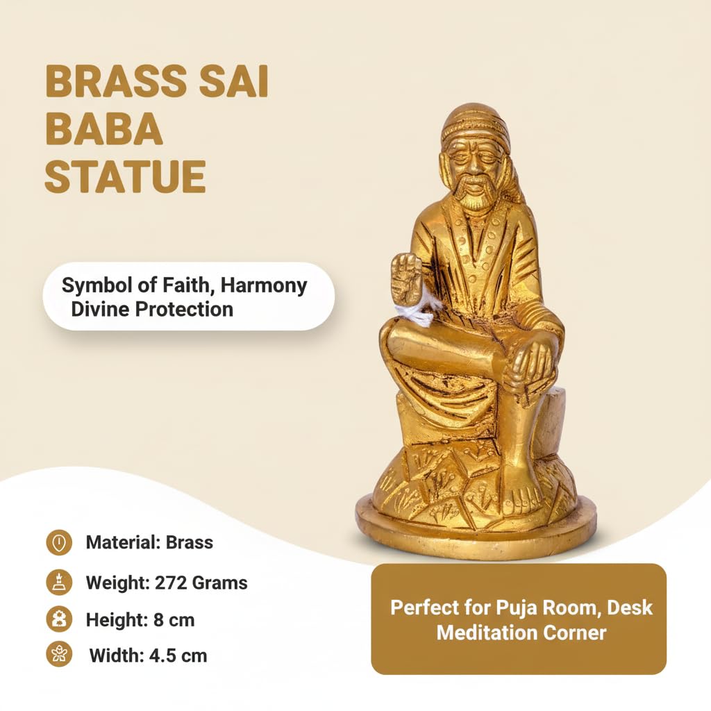 PeetalKraft Small Shirdi Sai Baba Brass Murti for Home and Office Desk, Size 4.5x4.5x8 cm, Weight 272 Grams