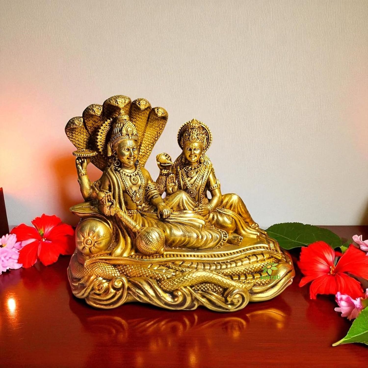 PeetalKraft Brass Lakshmi Vishnu Idol for Home Temple Pooja Decor, 10 x 10 x 5 cm, Premium Hindu God Murti for Vastu, Diwali, Housewarming & Wedding Gift || 350g