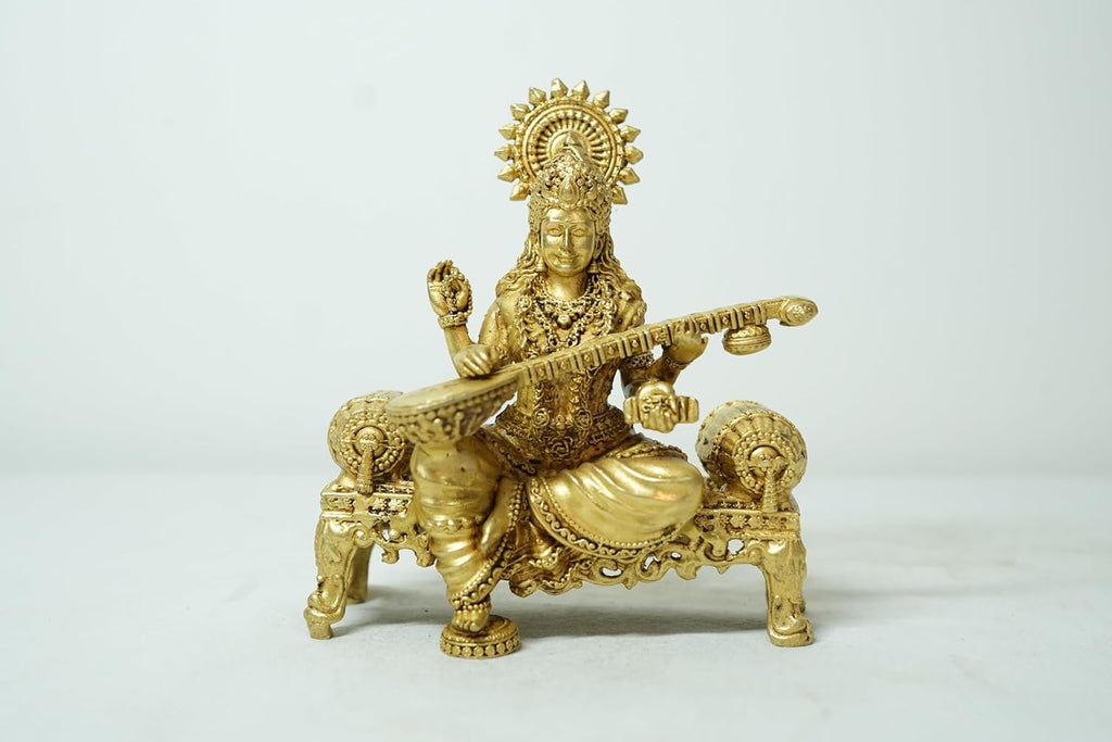 PeetalKraft Handcrafted Brass Goddess Saraswati Statue | Best for Office, Educatinal Place Home, Temple |Bring Positivity | Size 9x4x10 cm, Weight 275 Grams