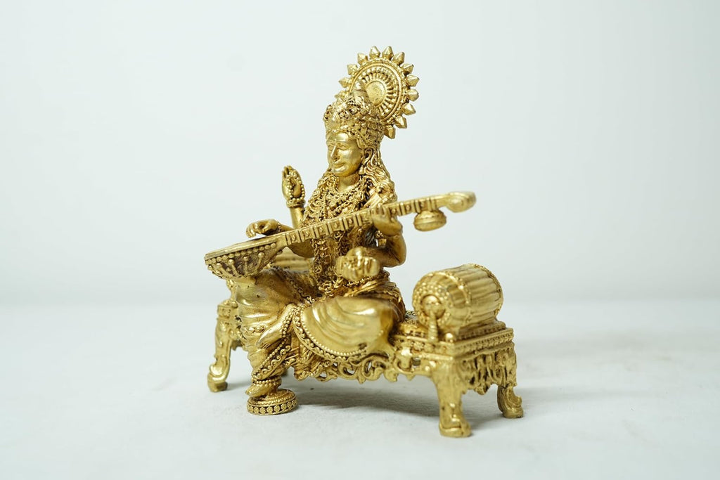 PeetalKraft Handcrafted Brass Goddess Saraswati Statue | Best for Office, Educatinal Place Home, Temple |Bring Positivity | Size 9x4x10 cm, Weight 275 Grams
