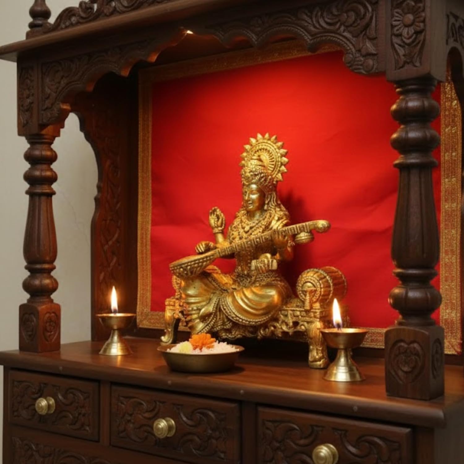 PeetalKraft Handcrafted Brass Goddess Saraswati Statue | Best for Office, Educatinal Place Home, Temple |Bring Positivity | Size 9x4x10 cm, Weight 275 Grams