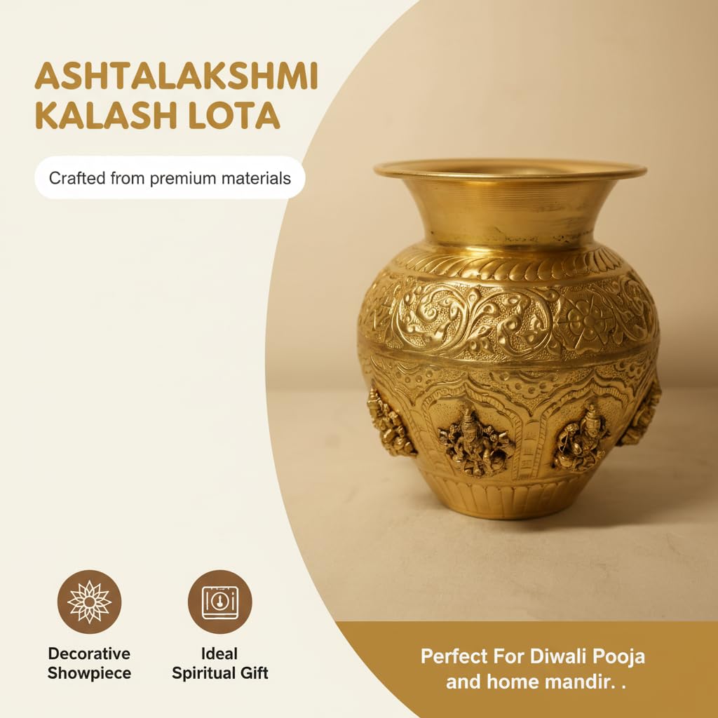 PeetalKraft Ashtalakshmi Pooja Kalash Decorative for Home Decor Temple Pooja Mandir Showpiece | Auspicious Ashta Lakshmi Design | Height 15 cm / 5.9 in | 480 g
