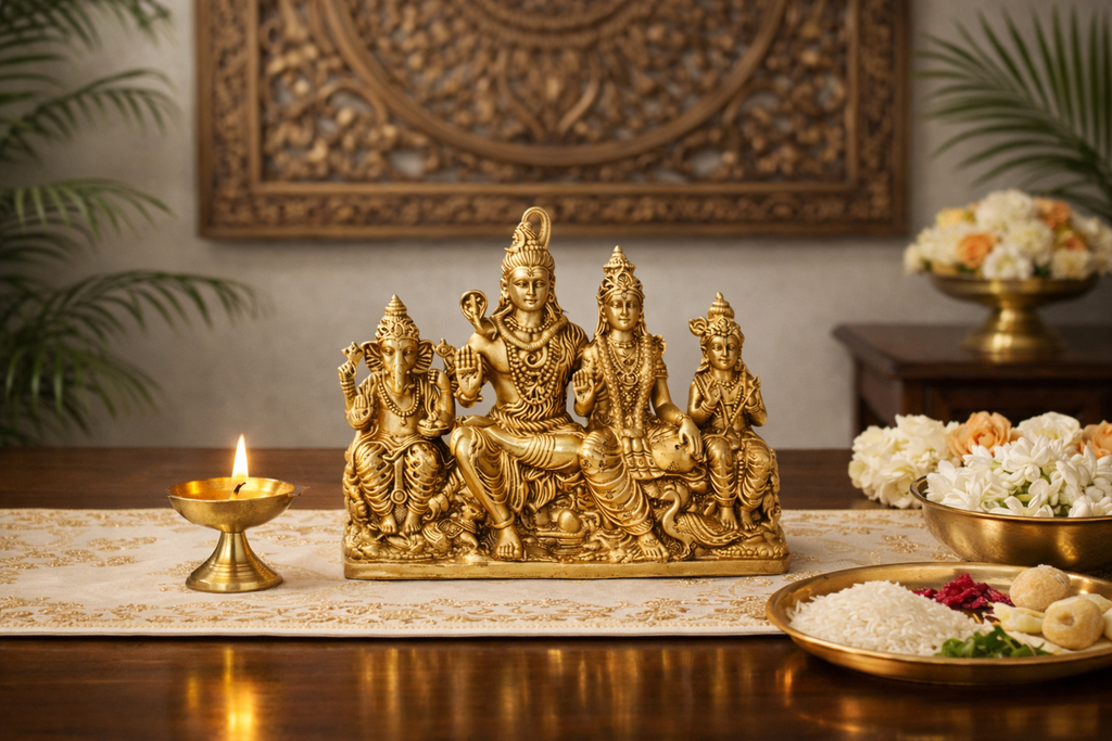 PeetalKraft Shiv Parivar Brass Idol (11cm) – Lord Shiva, Parvati, Ganesha & Kartikeya Murti for Home Temple & Vastu Decor – 400g