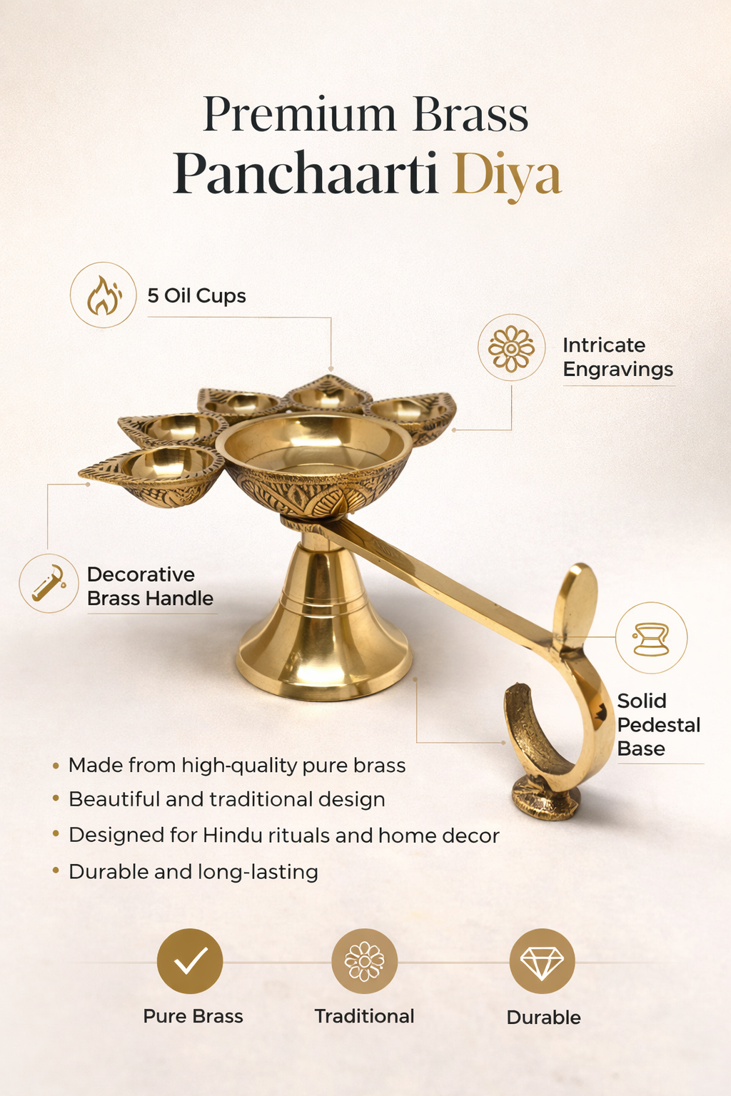 PeetalKraft Big Brass Panch Aarti Diya 5 Wick Handle Lamp For Puja Rituals Small