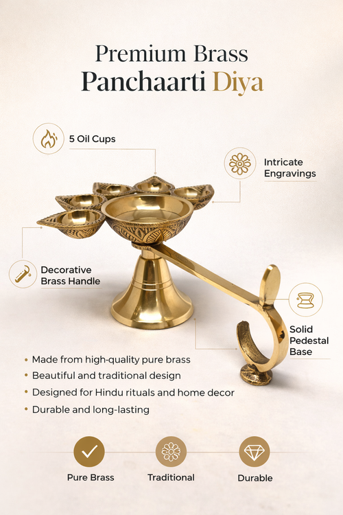 PeetalKraft Big Brass Panch Aarti Diya 5 Wick Handle Lamp For Puja Rituals Small