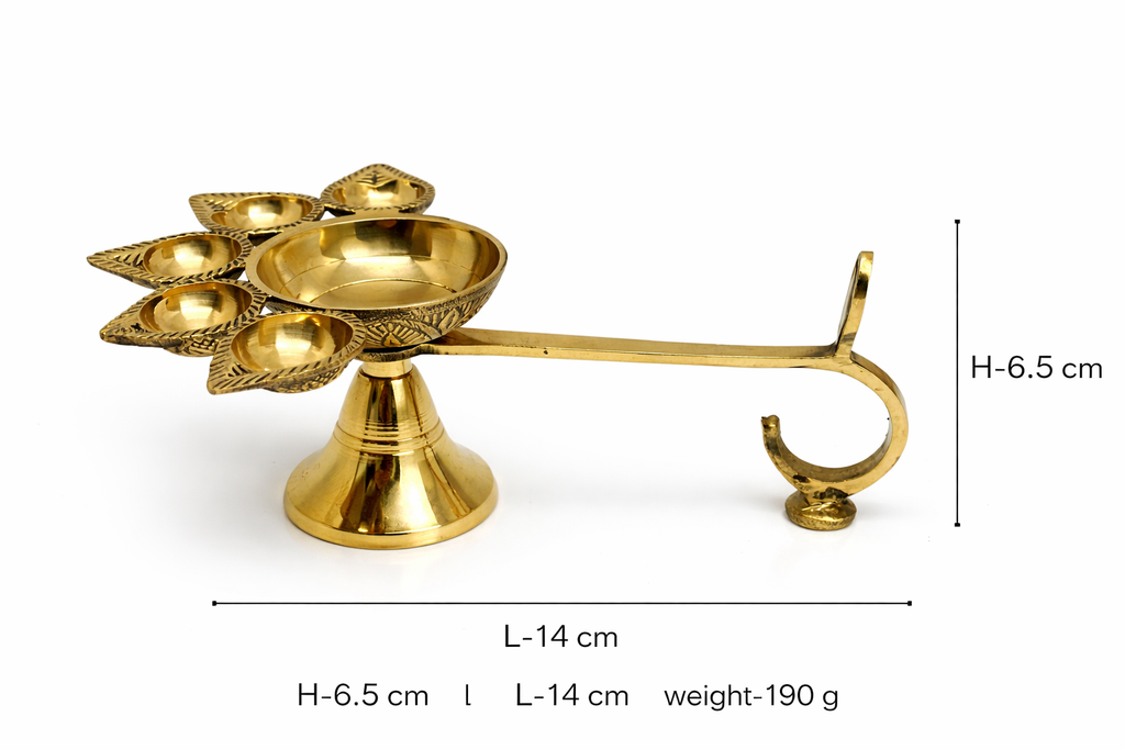 PeetalKraft Big Brass Panch Aarti Diya 5 Wick Handle Lamp For Puja Rituals Small