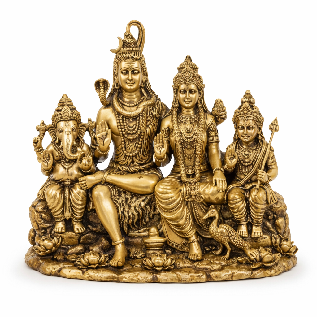 PeetalKraft Shiv Parivar Brass Idol (11cm) – Lord Shiva, Parvati, Ganesha & Kartikeya Murti for Home Temple & Vastu Decor – 400g