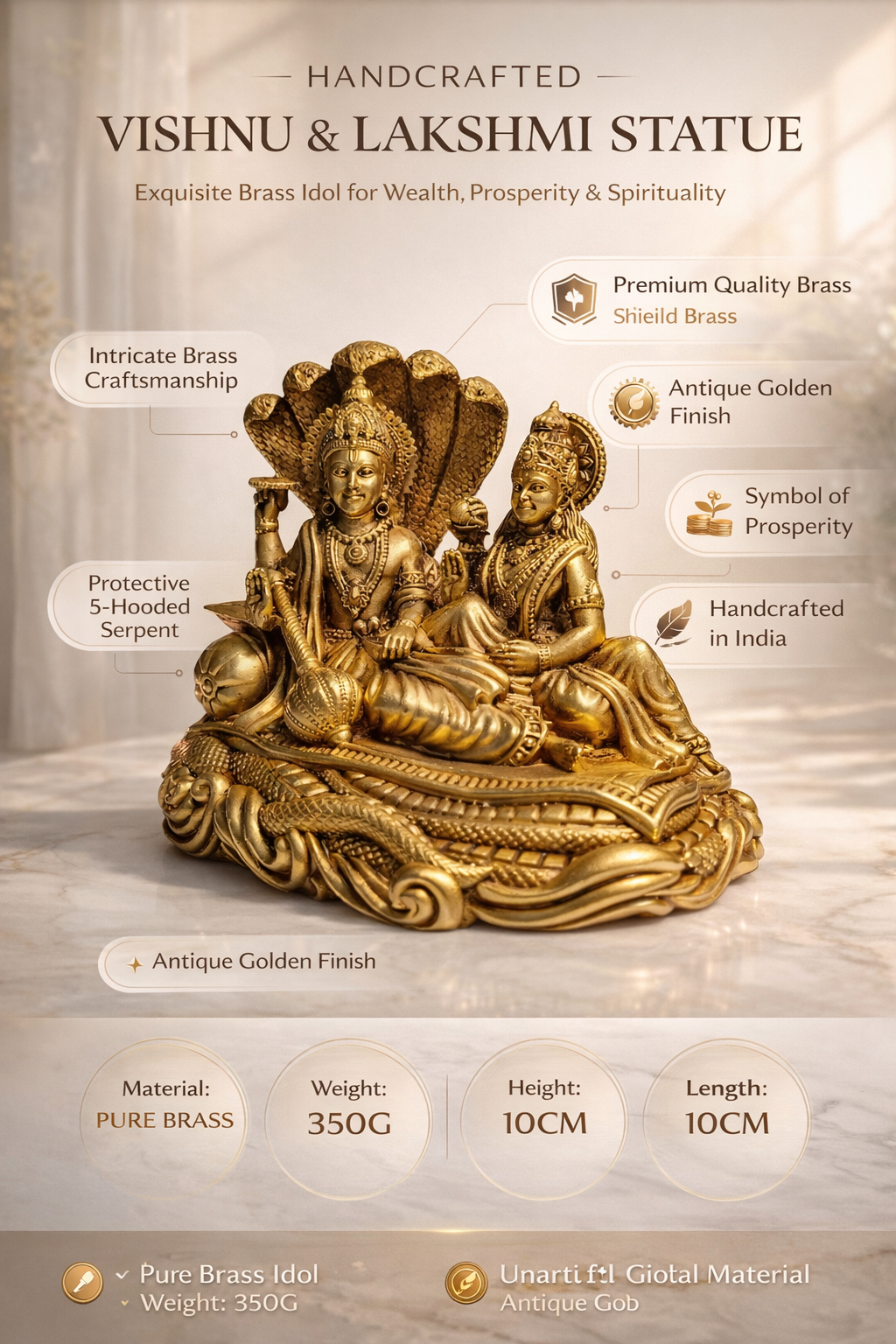 Peetalkraft Brass Lakshmi Vishnu Idol for Home Temple & Decor | Handmade Premium Pooja Murti | Height - 10 cm (Weight-350g)