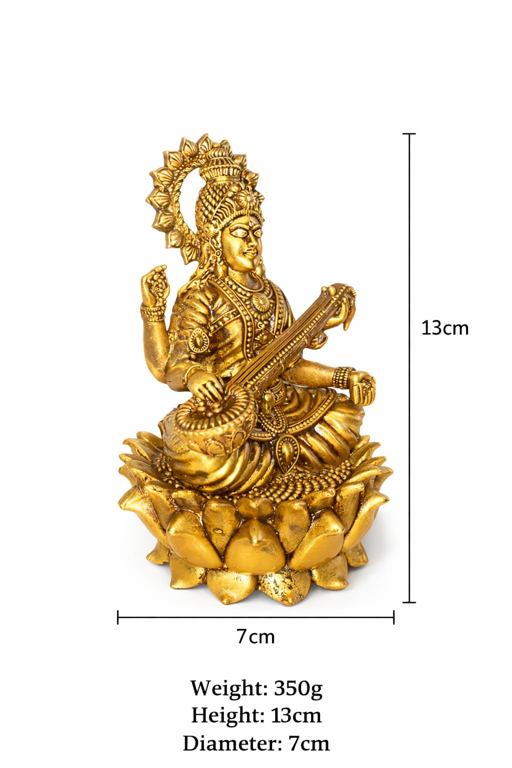 PeetalKraft Goddess Saraswati Idol, Brass ,on Lotus Base, Height-13 cm (Weight-350g) ,Best for Home Decor, Pooja & Gifting | (Lrage)