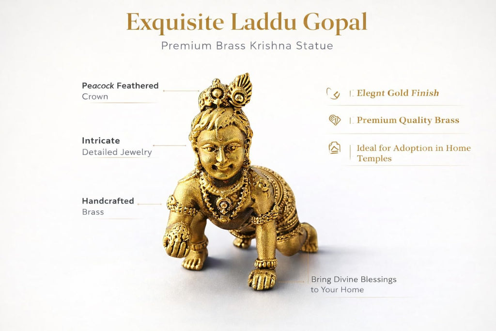PeetalKraft  Brass Laddu Gopal Idol, Golden Brass, 5 cm, Figurine for Home Temple, Pooja & Festive Decor