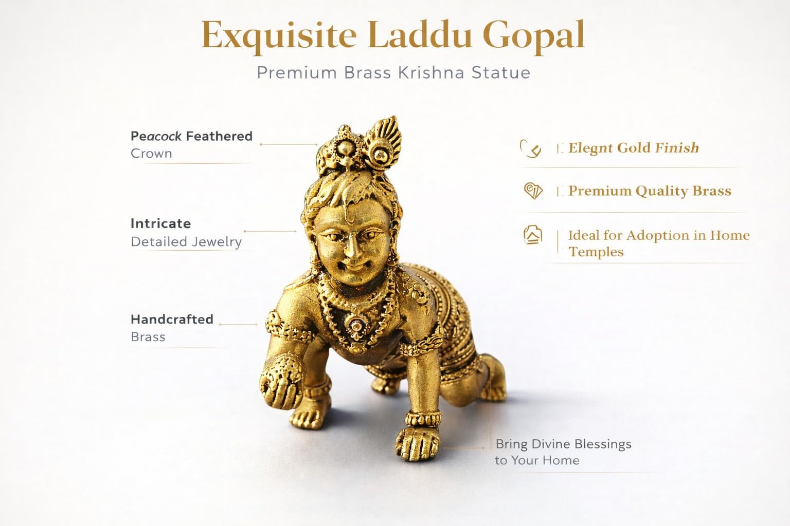 PeetalKraft  Brass Laddu Gopal Idol, Golden Brass, 5 cm, Figurine for Home Temple, Pooja & Festive Decor