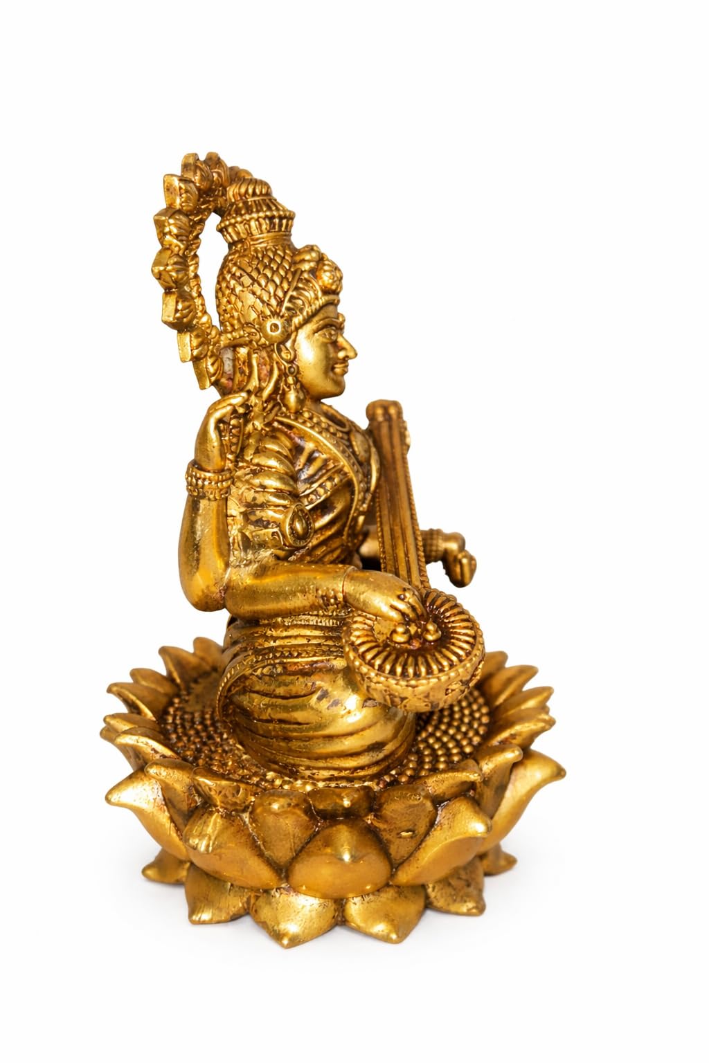 PeetalKraft Goddess Saraswati Idol, brass, on Lotus Base, Height-8 cm (Weight-200g) ,Best for Home Decor, Pooja & Gifting | (Small)