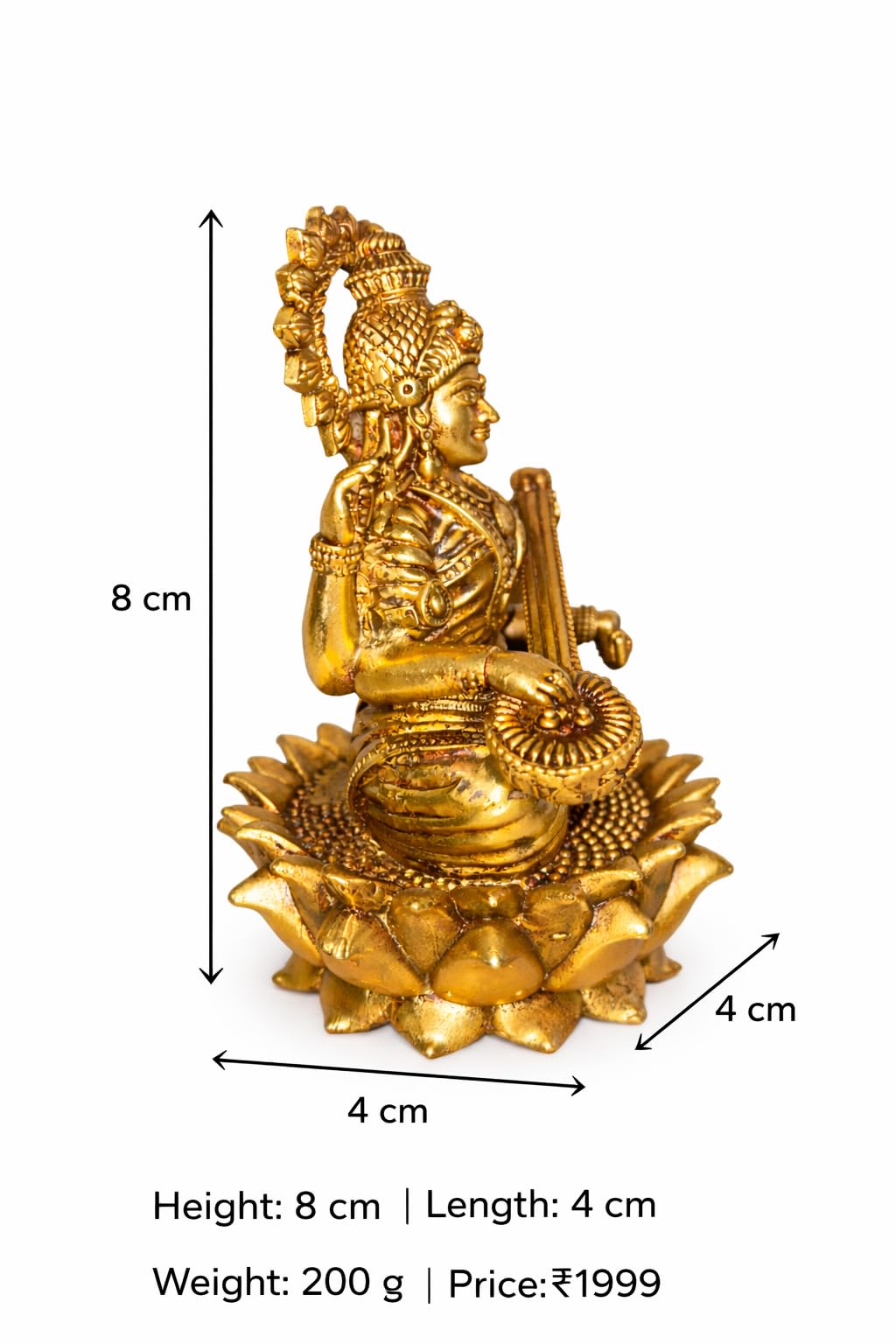 PeetalKraft Goddess Saraswati Idol, brass, on Lotus Base, Height-8 cm (Weight-200g) ,Best for Home Decor, Pooja & Gifting | (Small)