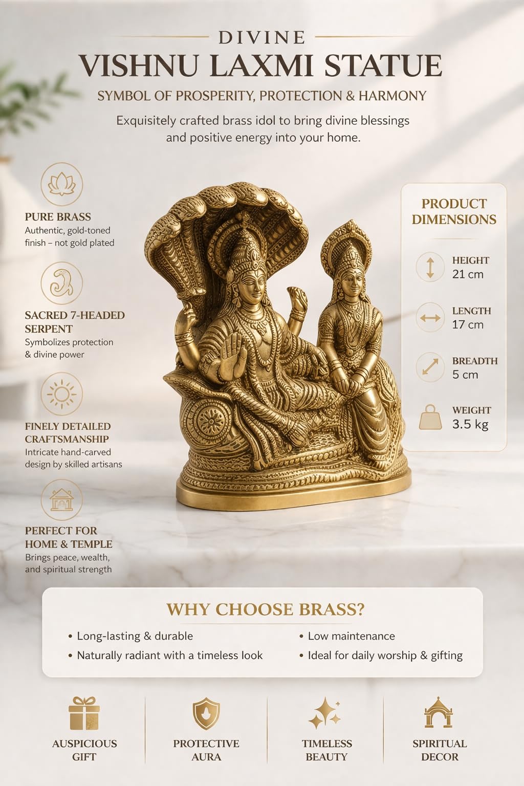 PeetalKraft Brass Vishnu Lakshmi Statue with Sheshnag | Vishnu Lakshmi Murti for Home Temple Pooja Decor | Hindu God Idol for Mandir, Office, Living Room | Spiritual Gift Item | Height-21 cm (3.5kg)