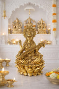 PeetalKraft Goddess Saraswati Idol, Brass ,on Lotus Base, Height-13 cm (Weight-350g) ,Best for Home Decor, Pooja & Gifting | (Lrage)