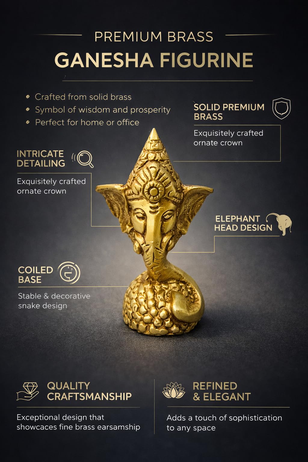 PeetalKraft Brass Ganesha Figurine, Gold, Height-8 cm Mini Idol for Home Decor, Office Desk & Pooja Room, Ornate Crown with Coiled Base