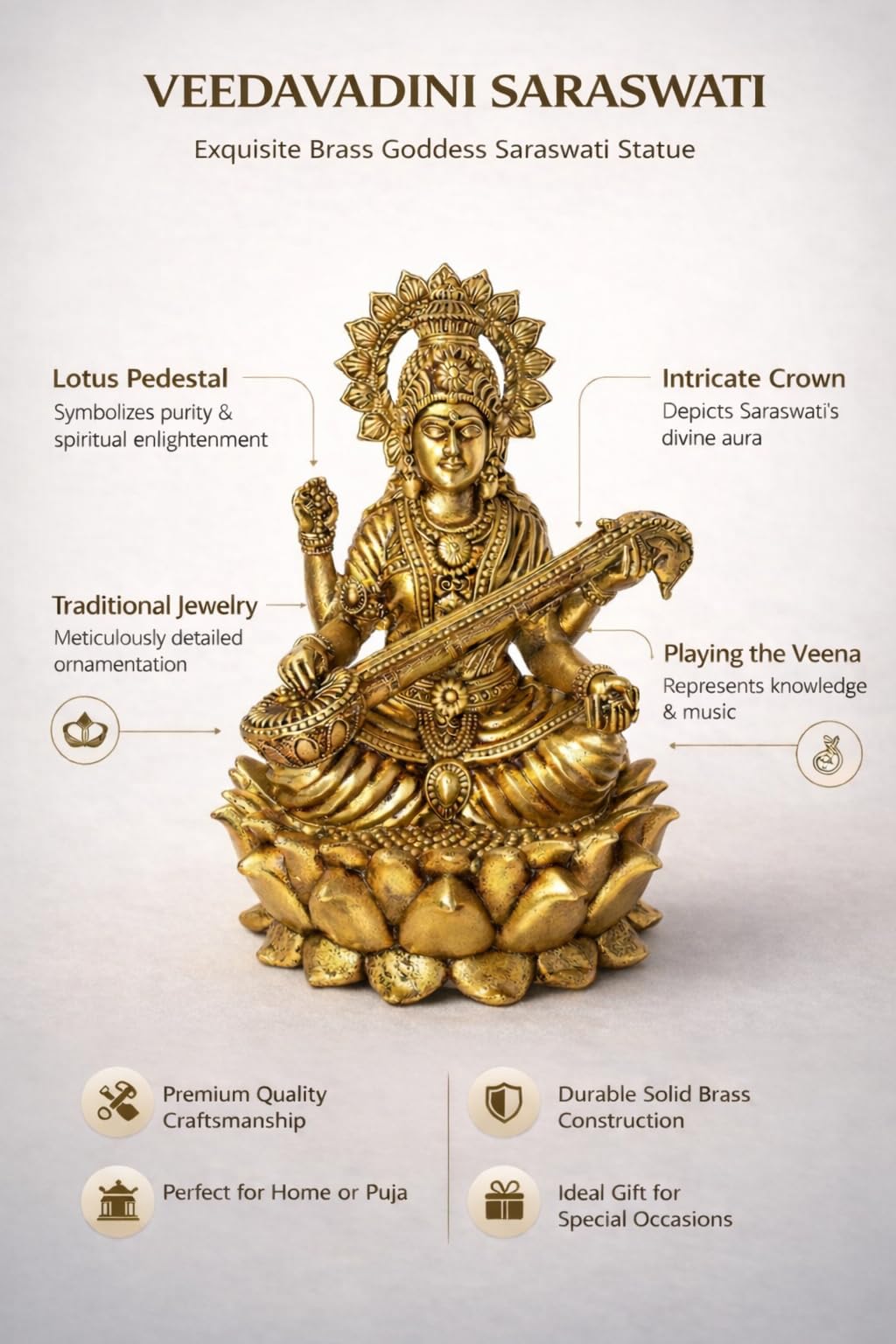 PeetalKraft Goddess Saraswati Idol, Brass ,on Lotus Base, Height-13 cm (Weight-350g) ,Best for Home Decor, Pooja & Gifting | (Lrage)