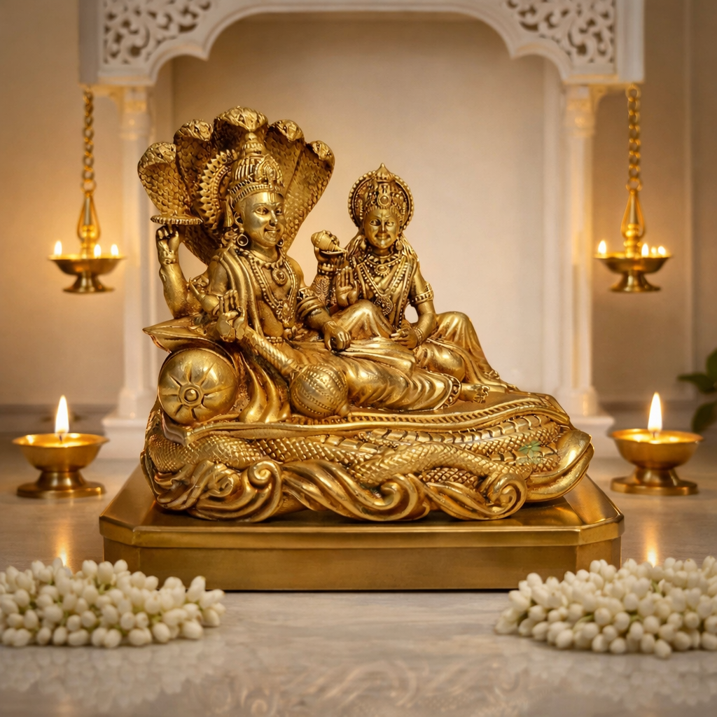 PeetalKraft Brass Lakshmi Vishnu Idol for Home Temple Pooja Decor, 10 x 10 x 5 cm, Premium Hindu God Murti for Vastu, Diwali, Housewarming & Wedding Gift || 350g