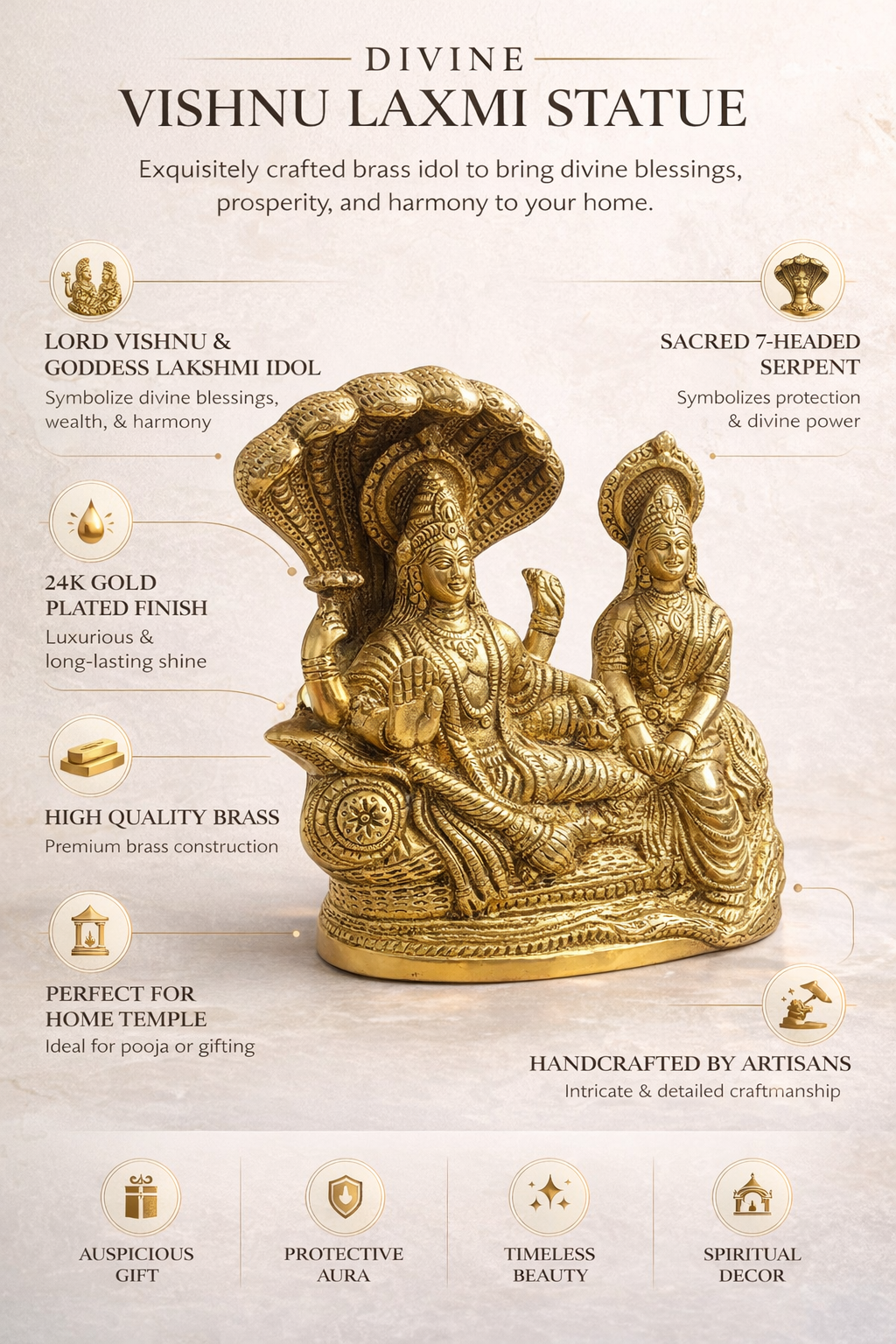 PeetalKraft Brass Vishnu Lakshmi Statue with Sheshnag | Vishnu Lakshmi Murti for Home Temple Pooja Decor | God Idol for Mandir, Office, Living Room, Gift Item | Height-21 cm (3.5kg)