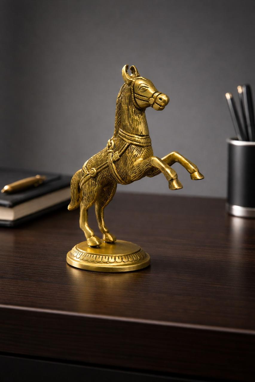 PeetalKraft Brass Horse Figurine, Antique Gold Finish, 18cm, Decorative Showpiece for Home, Office Desk and Living Room