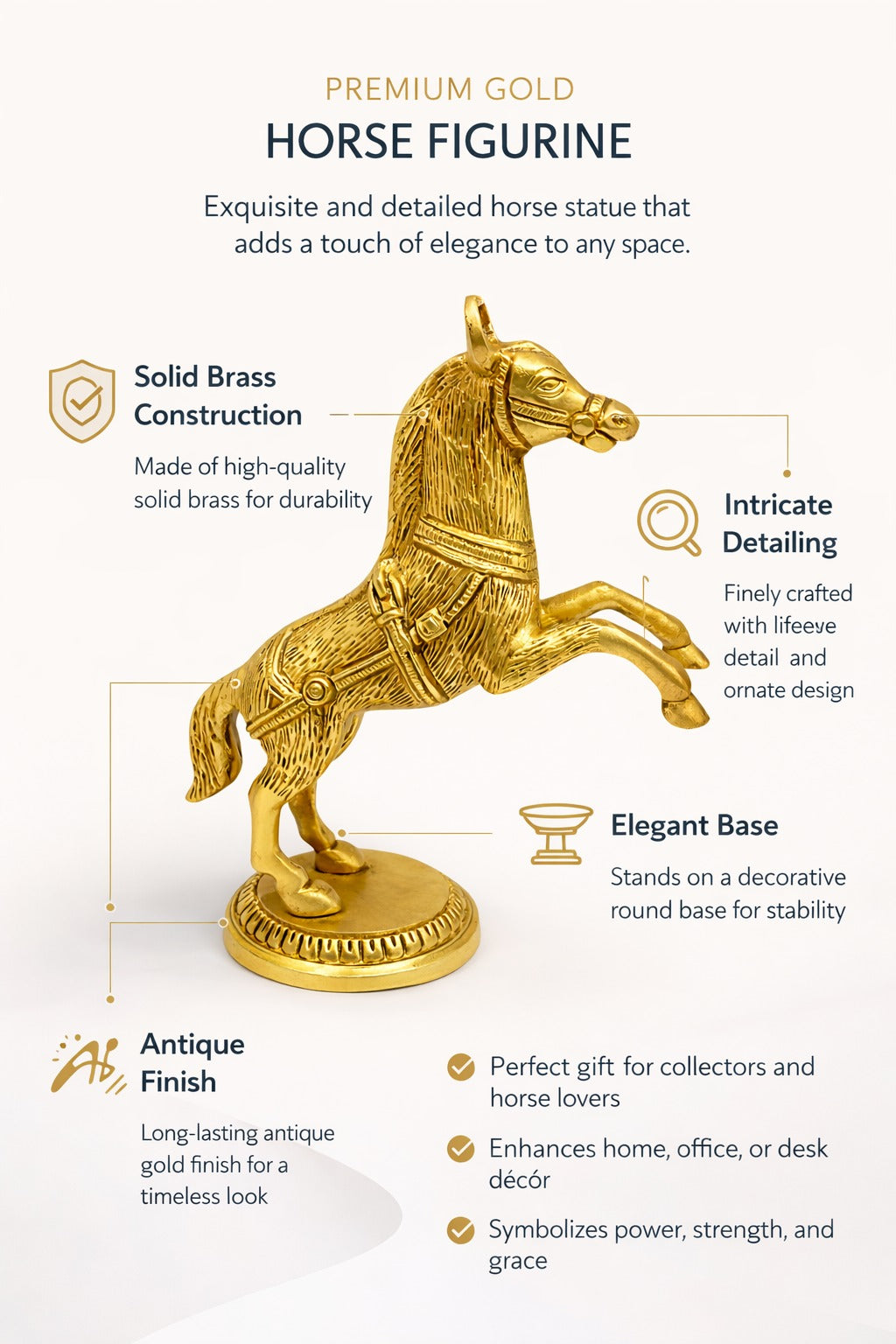 PeetalKraft Brass Horse Figurine, Antique Gold Finish, 18cm, Decorative Showpiece for Home, Office Desk and Living Room