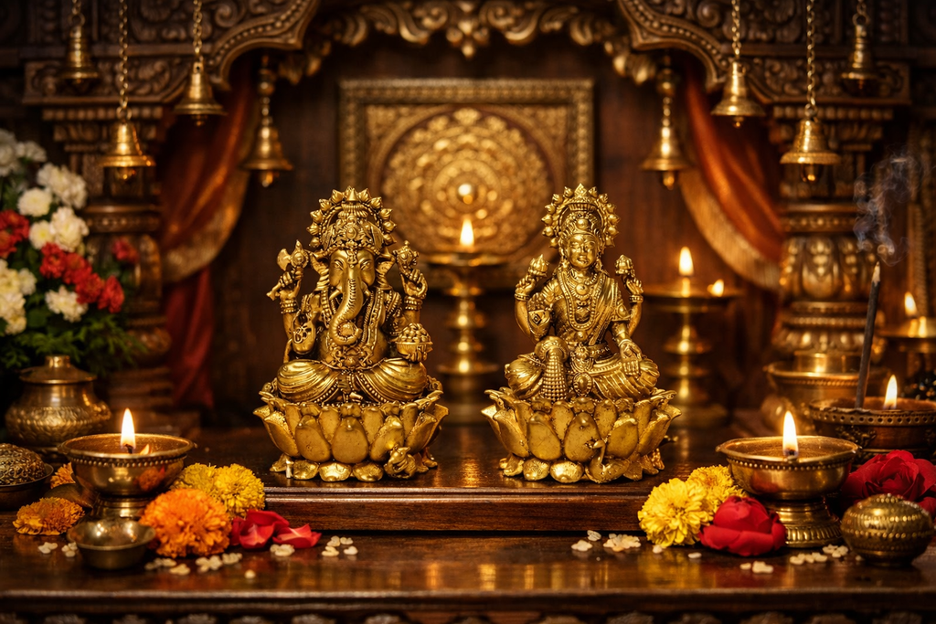 PeetalKraft Brass Lakshmi Ganesh Murti Idol for Home Temple, Pooja Room, Office Desk, Diwali Gift, Vastu Decor (Set of 2, Each Weight-204g)