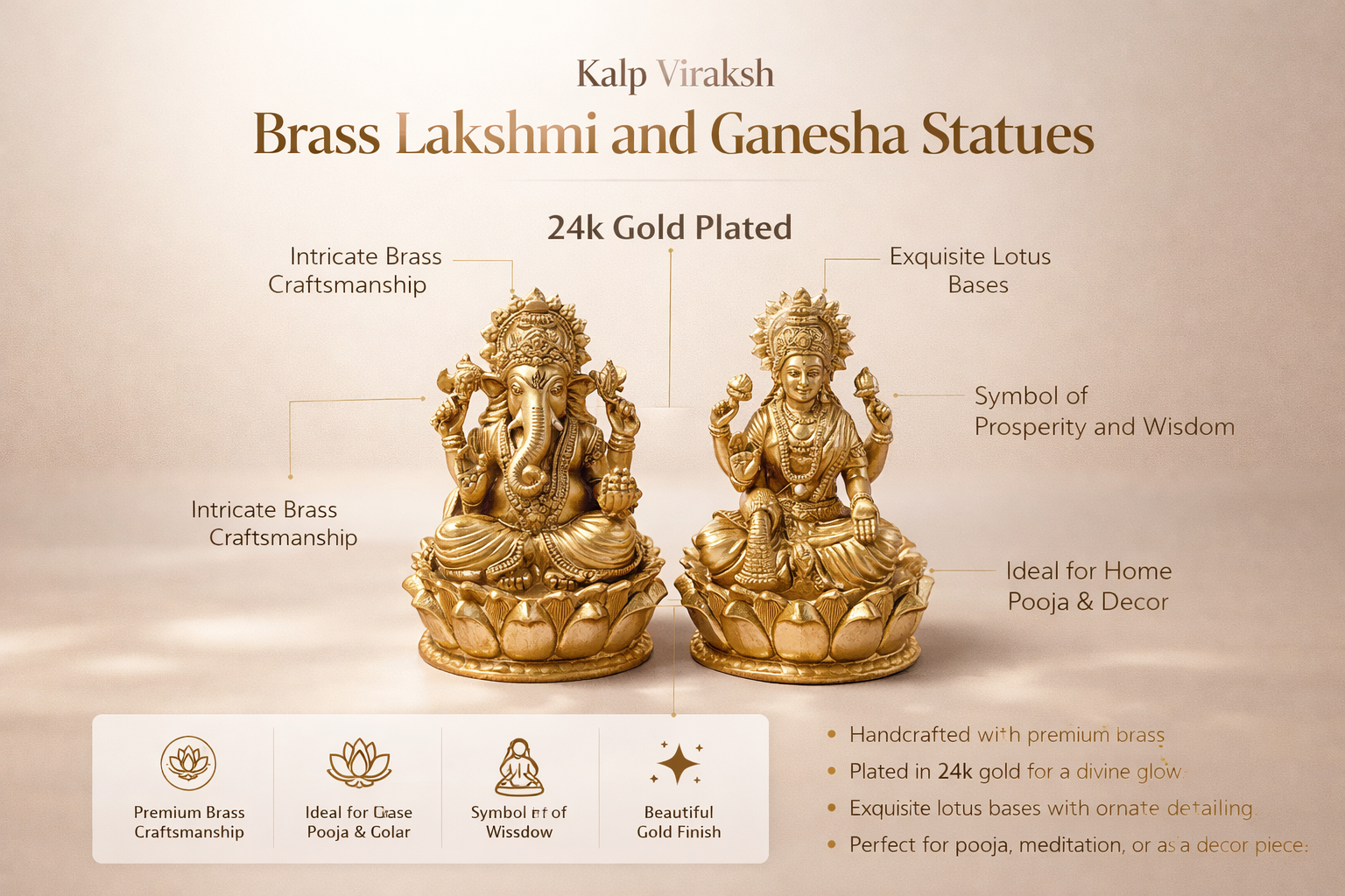 PeetalKraft Brass Lakshmi Ganesh Murti Idol for Home Temple, Pooja Room, Office Desk, Diwali Gift, Vastu Decor (Set of 2, Each Weight-204g)
