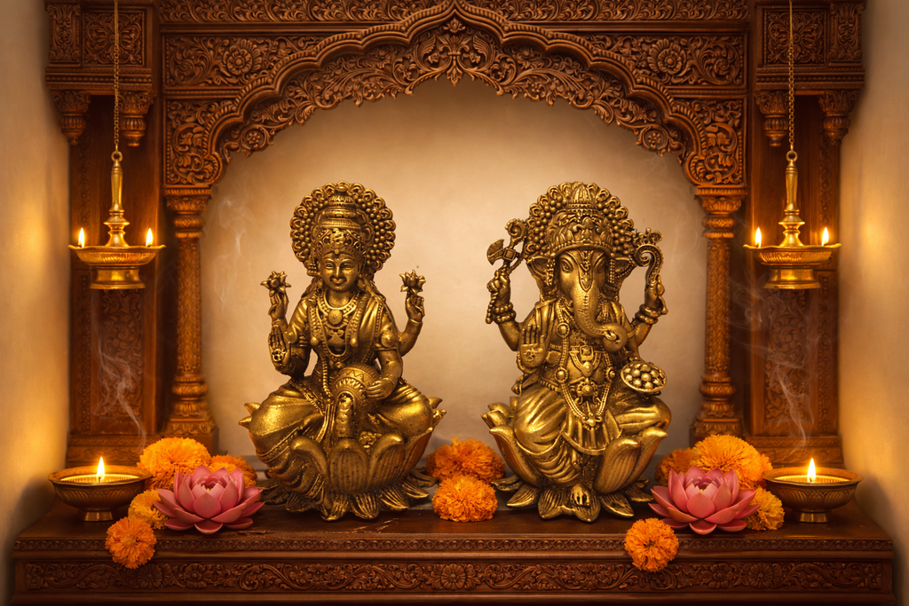 PeetalKraft Handcrafted Brass Lakshmi Ganesh Idol Set for Home Puja and Decor, Size 6x5x10 cm, Weight 450 Grams