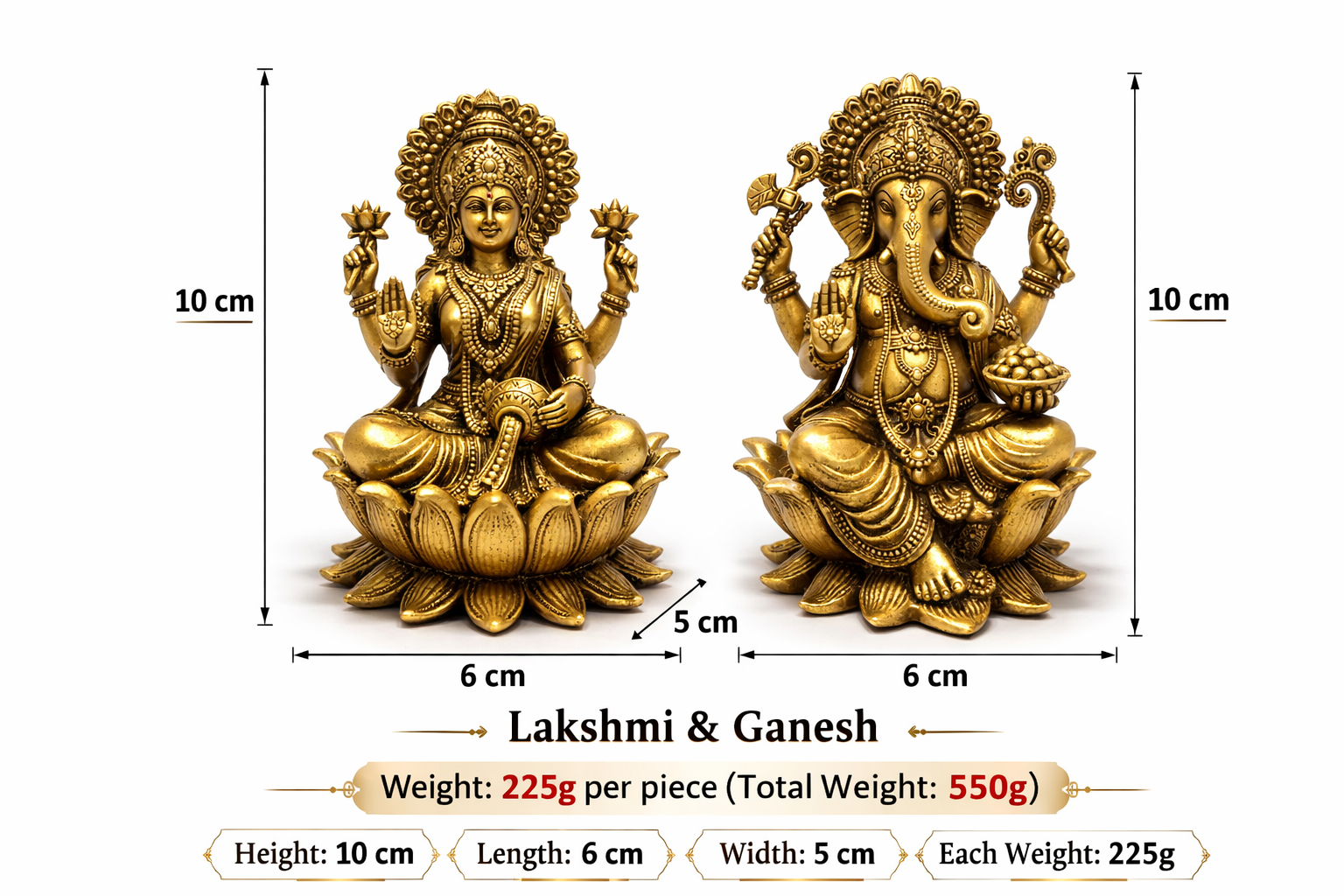 PeetalKraft Handcrafted Brass Lakshmi Ganesh Idol Set for Home Puja and Decor, Size 6x5x10 cm, Weight 450 Grams