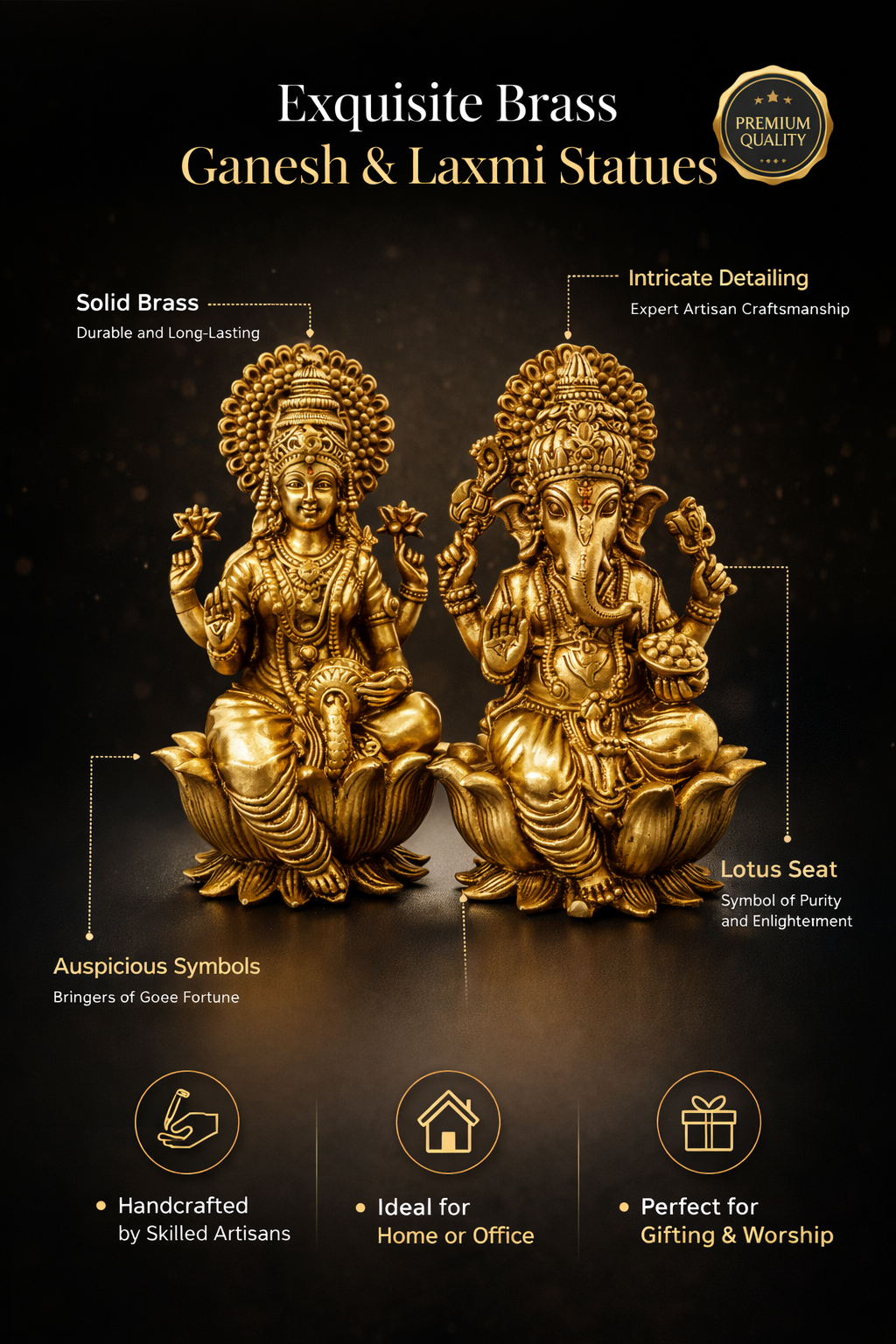 PeetalKraft Handcrafted Brass Lakshmi Ganesh Idol Set for Home Puja and Decor, Size 6x5x10 cm, Weight 450 Grams