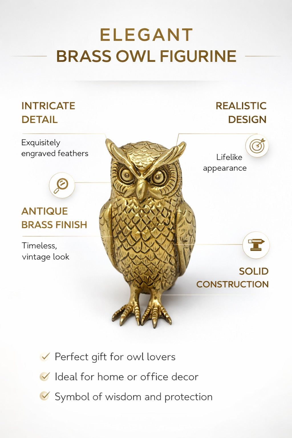 PeetalKraft Golden Brass Vastu Owl Statue for Good Luck and Home Decor, Size 5x4x7 cm, Weight 270 Grams