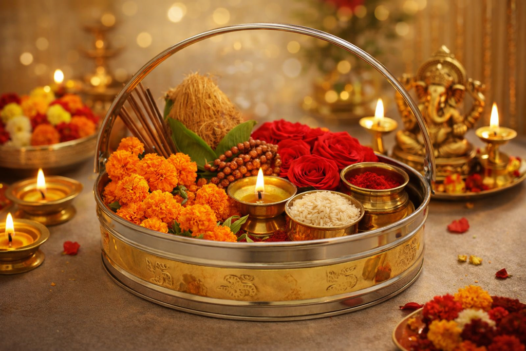 PeetalKraft Stainless Steel Pooja Dalia with Brass Finish Band Medium Bowl, Size 20x20x6 cm, Weight 280 Grams