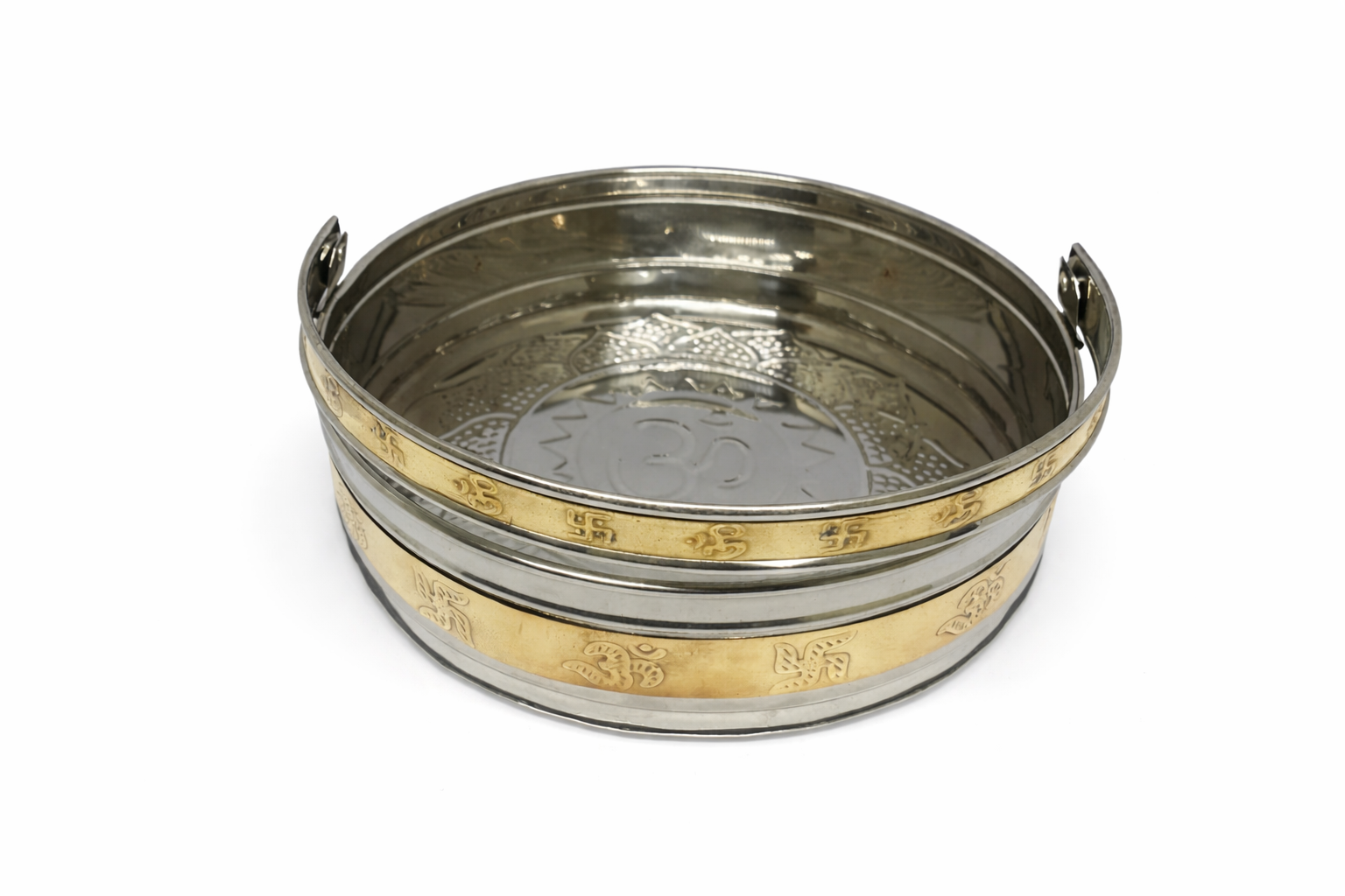 PeetalKraft Stainless Steel Pooja Dalia with Brass Finish Band Large Bowl, Size 24x24x7 cm, Weight 300 Grams