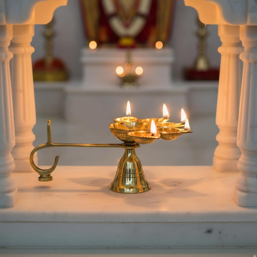PeetalKraft Big Brass Panch Aarti Diya 5 Wick Handle Lamp For Puja Rituals Small