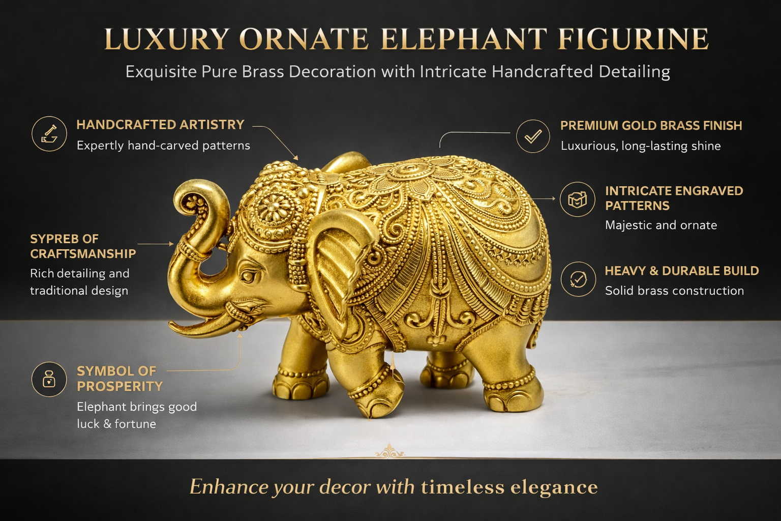 PeetalKraft Small Brass Elephant Pair Showpiece Set for Home Decor and Vastu, Size 7x2x5 cm, Weight 180 Grams