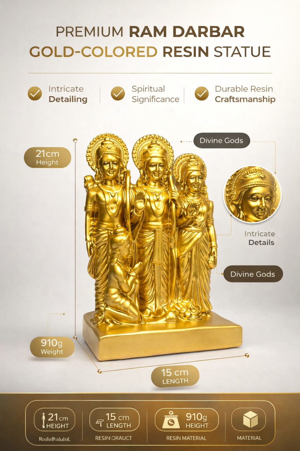 PeetalKraft Resin Ram Darbar Statue with Ram Lakshman Sita & Hanuman, Size 15x5x21 cm, Weight 900 Grams