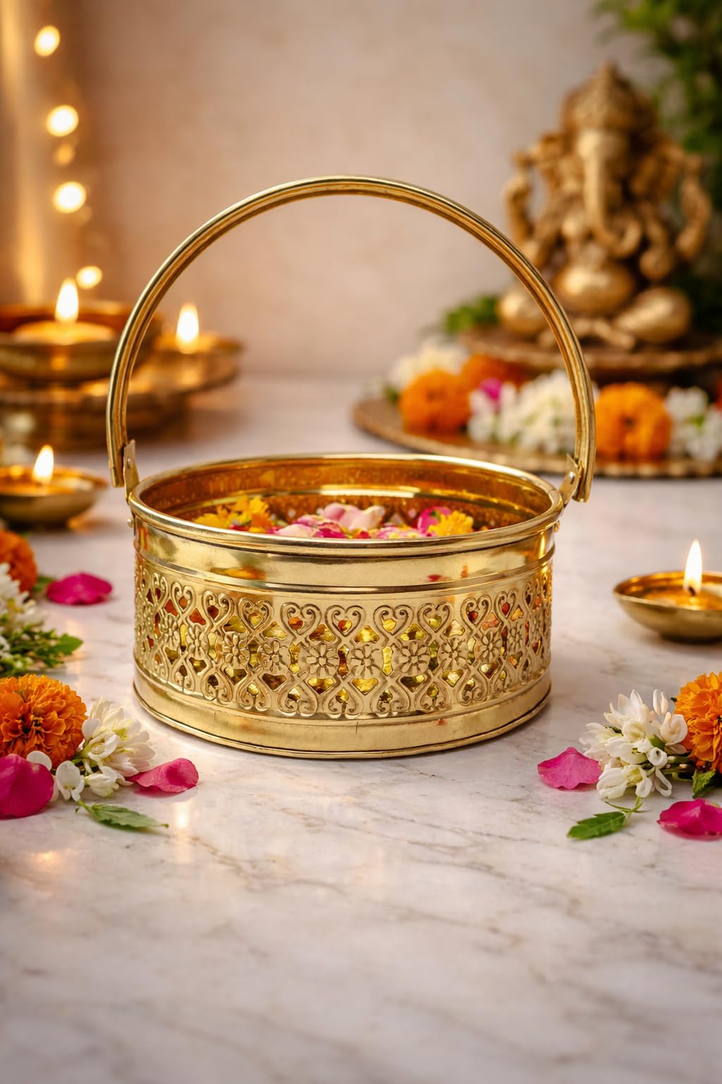 PeetalKraft Brass Pooja Daliya Basket with Handle | Decorative Filigree Design | Om Symbol | Rust-Proof & Durable | Ideal for Pooja, Aarti & Home Decor | 8cm, 17cm, 17cm Variants (small)
