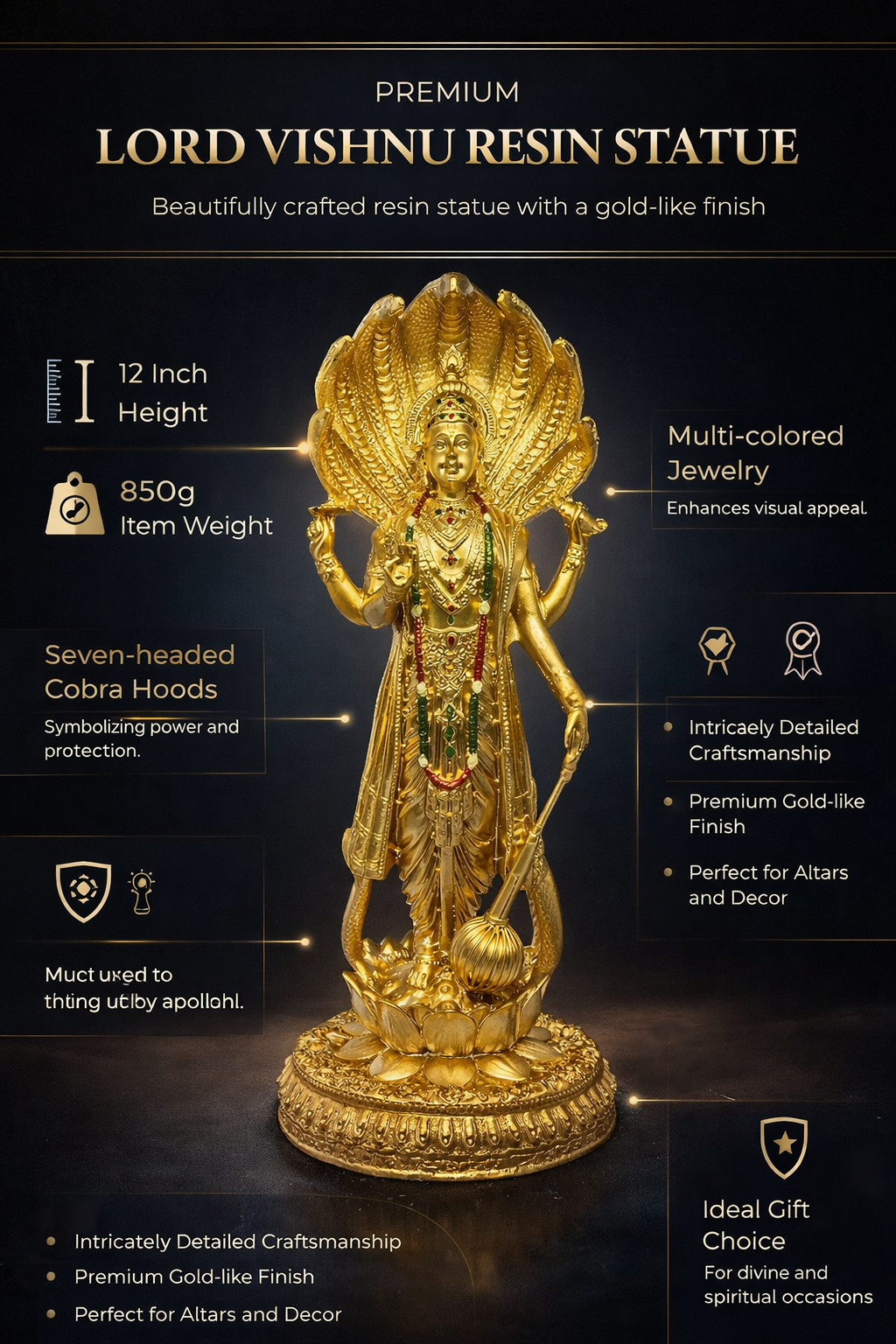 PeetalKraft Resin Vishnu Ji Statue for Peace and Spiritual Protection, Size 5x5x30 cm, Weight 850 Grams