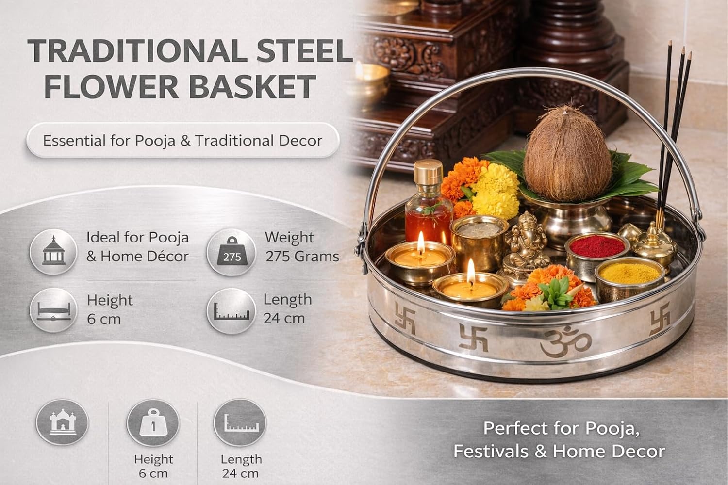 PeetalKraft Steel Round Basket for Kitchen and Home Utility, Size 24x24x6 cm, Weight 291 Grams