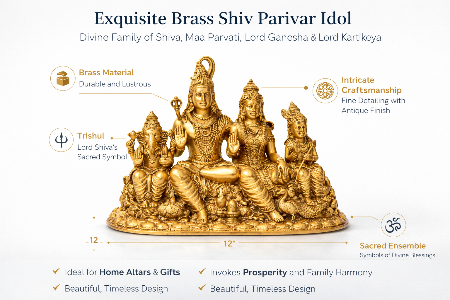 PeetalKraft Shiv Parivar Brass Idol (11cm) – Lord Shiva, Parvati, Ganesha & Kartikeya Murti for Home Temple & Vastu Decor – 400g