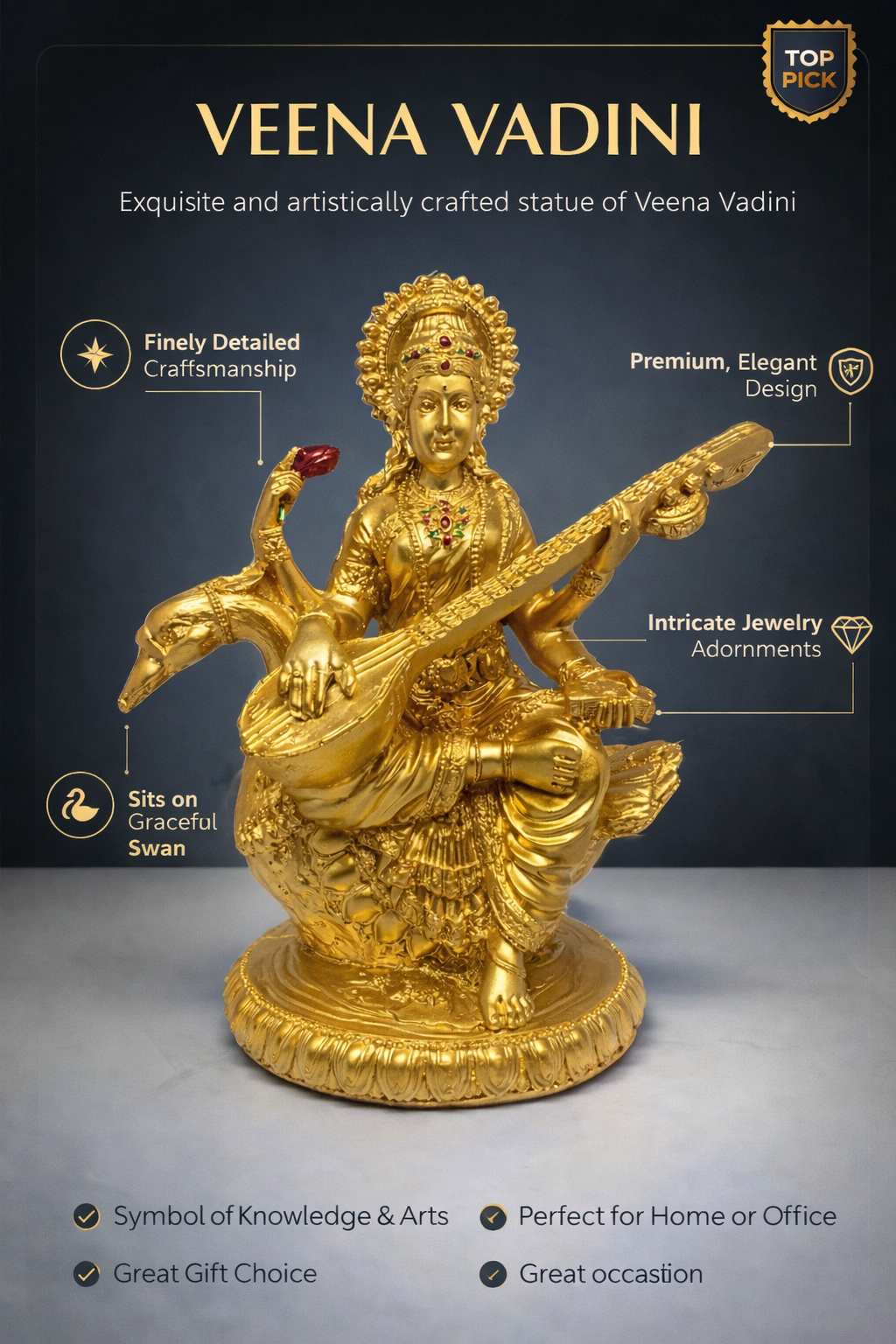 PeetalKraft Resin Veena Vadini Saraswati Statue for Knowledge and Music, Size 10x10x20 cm, Weight 520 Grams