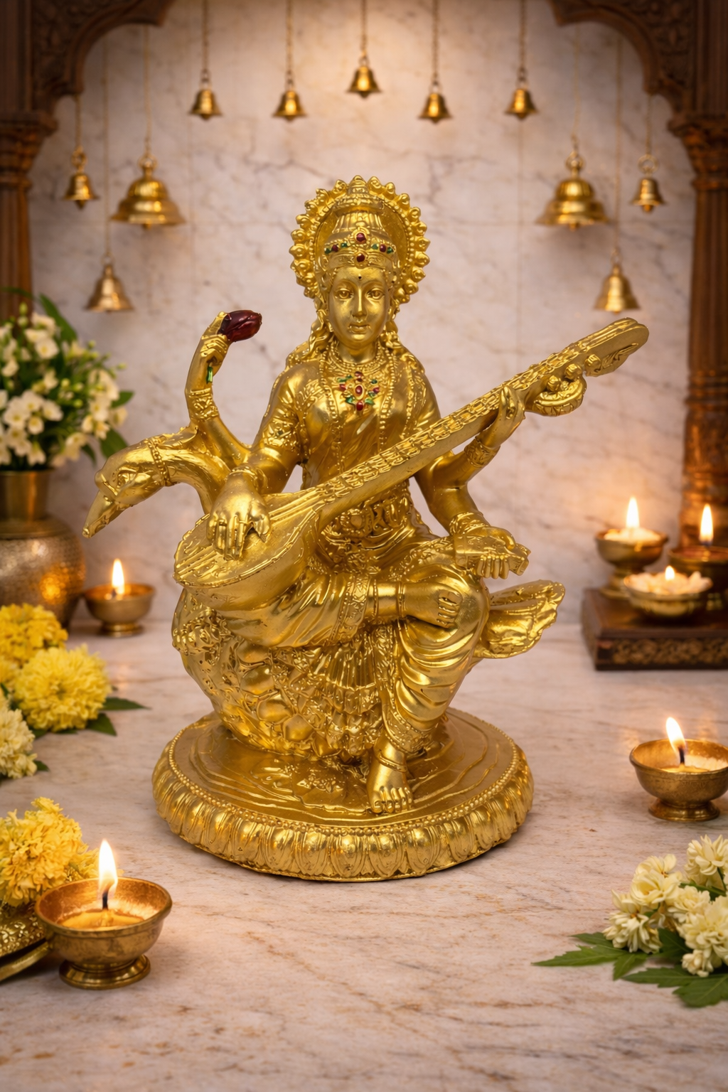 PeetalKraft Goddess Saraswati Idol, Gold Finish, Resin, on Lotus Base, Height-13 cm (Weight-350g),Best for Home Decor, Pooja & Gifting |