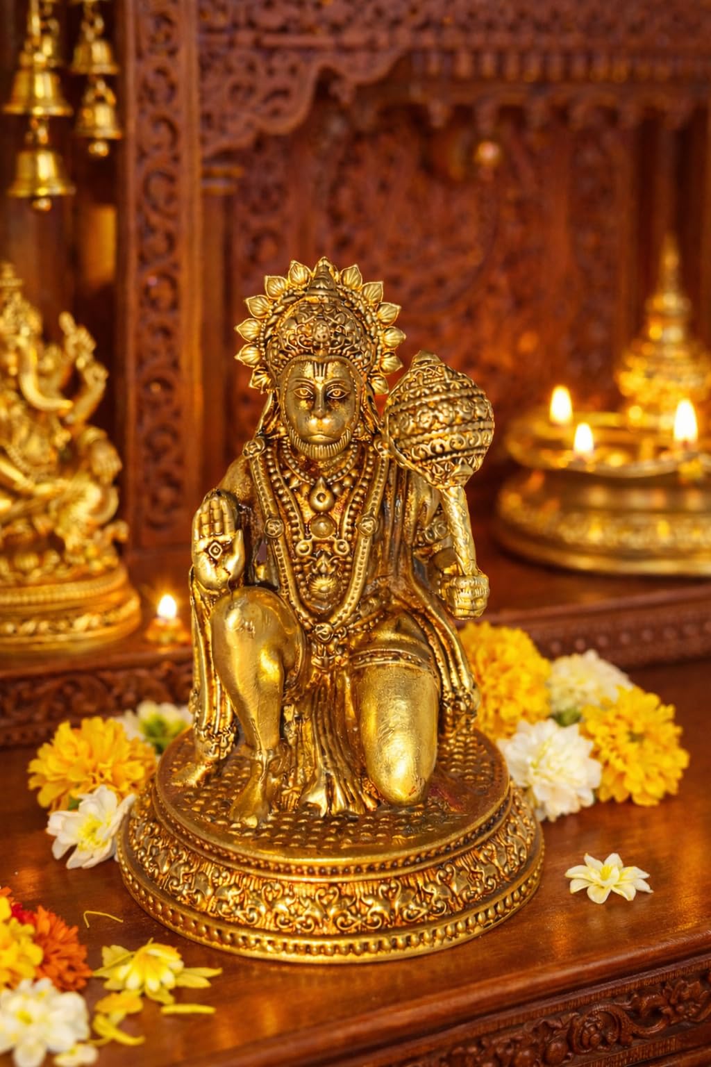 PeetalKraft Brass Hanuman Ji Idol Murti – 7.5 cm Height | Gold Finish Hindu God Statue for Pooja Room, Home Temple, Office & Car Dashboard | 110g