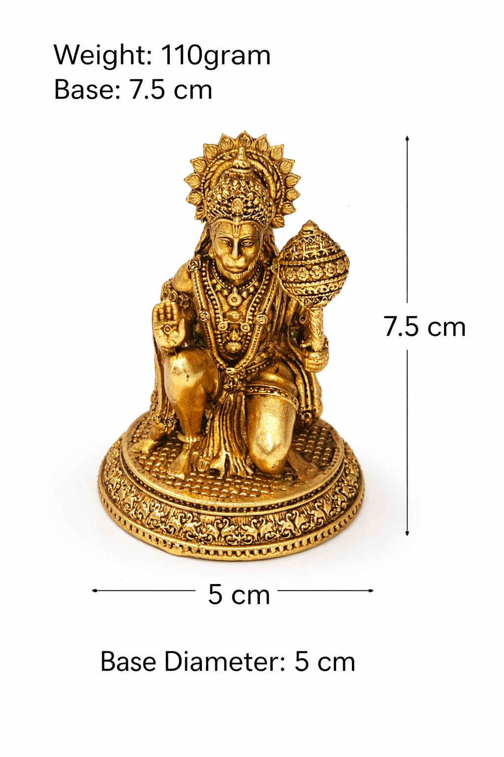 PeetalKraft Brass Hanuman Ji Idol Murti – 7.5 cm Height | Gold Finish Hindu God Statue for Pooja Room, Home Temple, Office & Car Dashboard | 110g