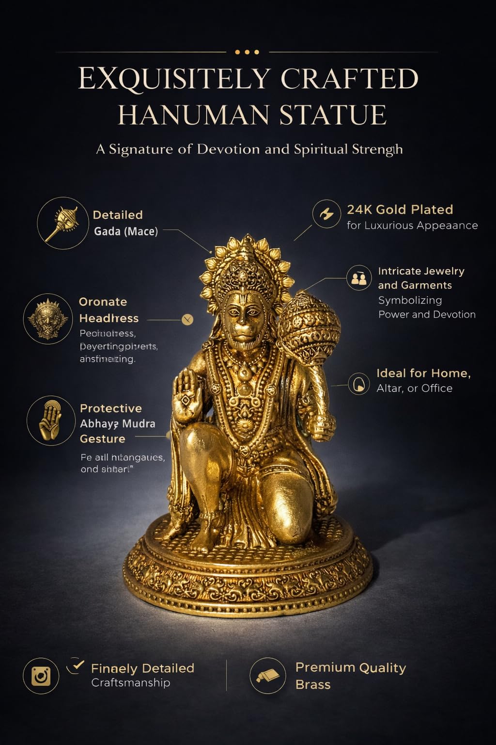PeetalKraft Brass Hanuman Ji Idol Murti – 7.5 cm Height | Gold Finish Hindu God Statue for Pooja Room, Home Temple, Office & Car Dashboard | 110g