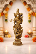 PeetalKraft Brass Lord Krishna Idol 15 cm | Premium Handcrafted Krishna Statue | Decorative & Spiritual Murti for Home Temple, Office & Gift | Golden Finish (200g)