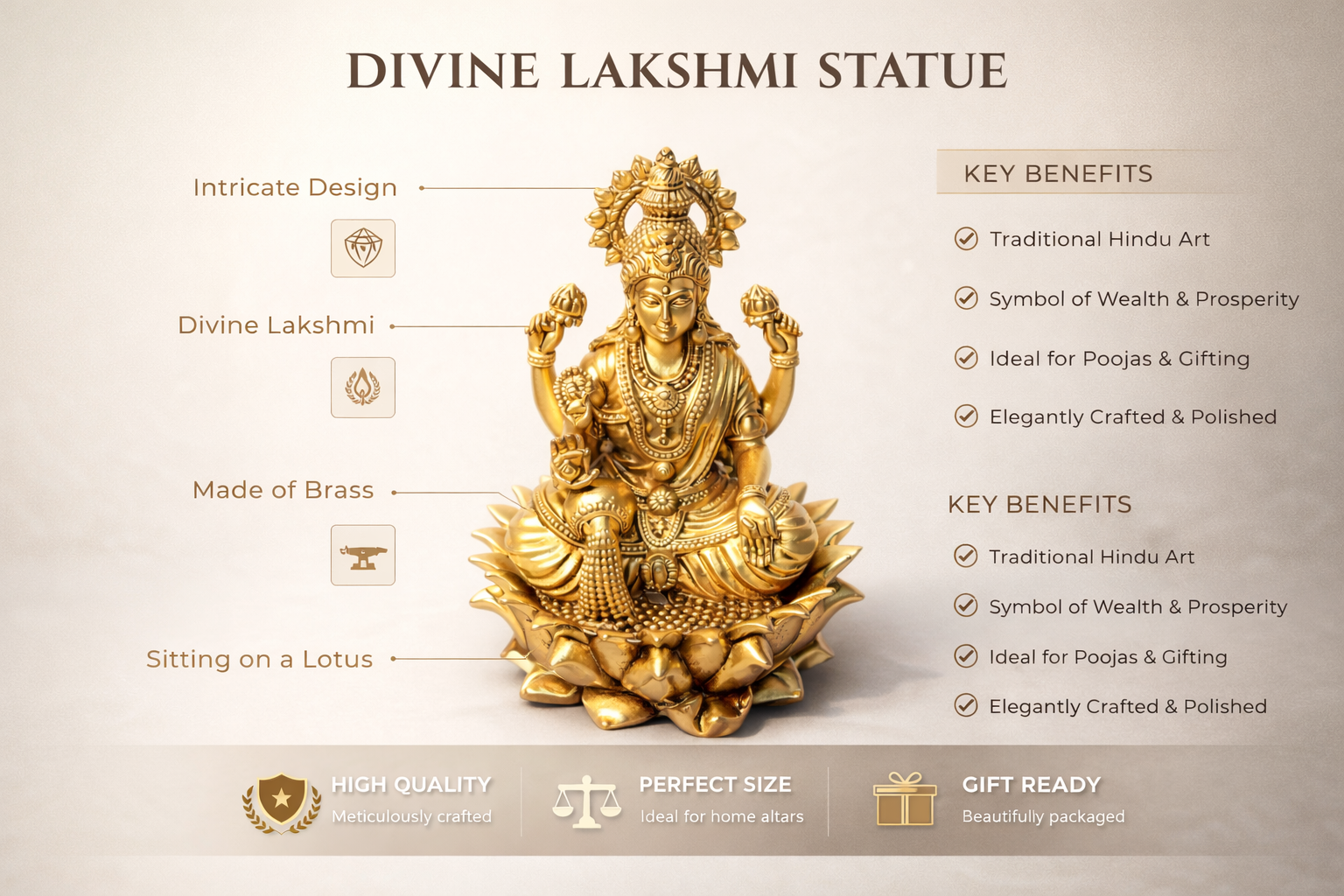 PeetalKraft Lakshmi Devi Idol Statue for Temple Puja and Diwali Gifts, Size 5x5x8 cm, Weight 100 Grams