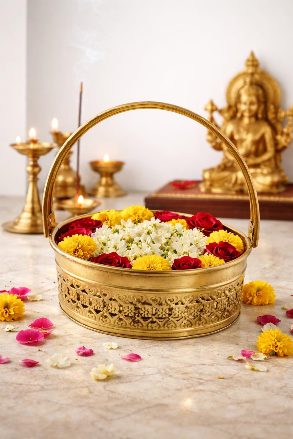 PeetalKraft Premium Brass Oval Pooja Basket with Handle & Om Design | Decorative Pooja Thali Basket for Mandir, Diwali, Gifting | Heavy Duty Brass Daliya (8 cm Height) (Large)