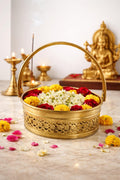 PeetalKraft Premium Brass Oval Pooja Basket with Handle & Om Design | Decorative Pooja Thali Basket for Mandir, Diwali, Gifting | Heavy Duty Brass Daliya (8 cm Height) (midium)