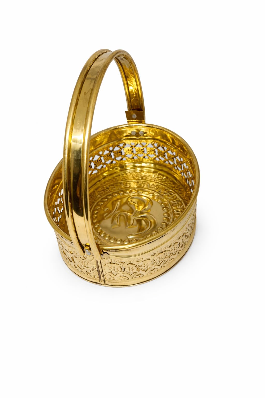 PeetalKraft Premium Brass Oval Pooja Basket with Handle & Om Design | Decorative Pooja Thali Basket for Mandir, Diwali, Gifting | Heavy Duty Brass Daliya (8 cm Height) (Large)
